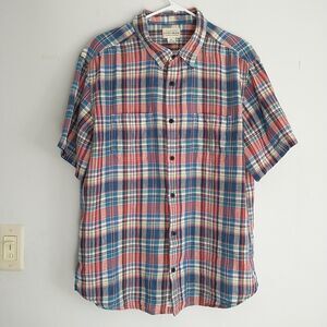 Lucky Brand Button Up Shirt Mens XL Blue Red Plaid 100% Linen Short Sleeve
